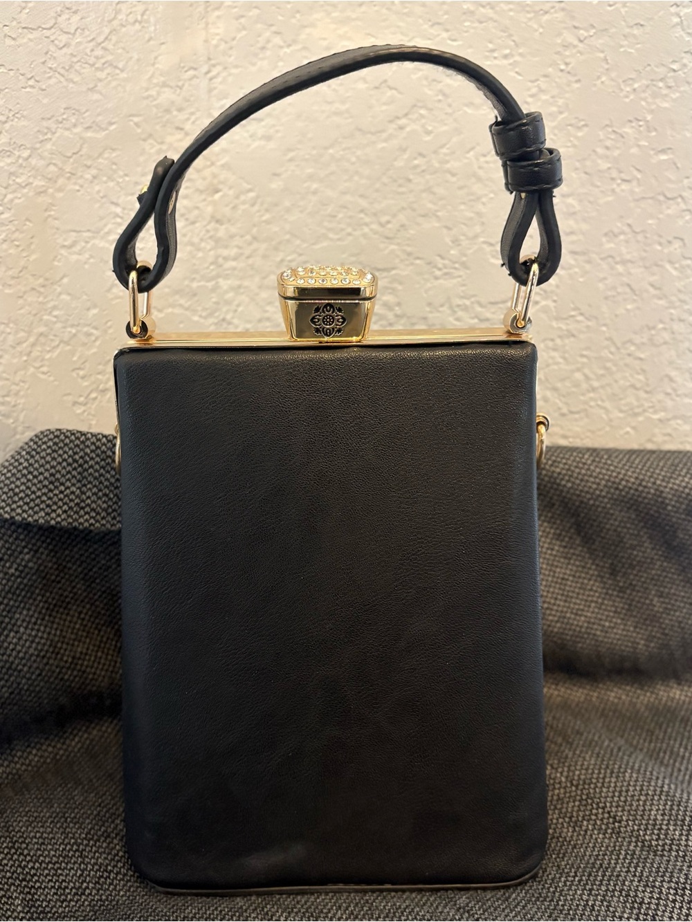 Black Structured Box Top-Handle Bag with Gold Accents